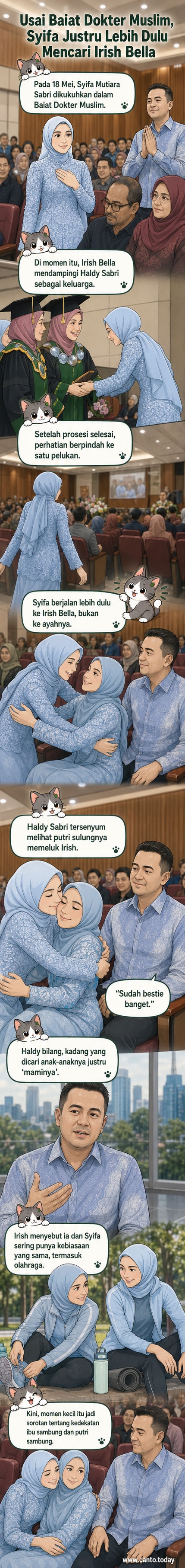 Syifa Mutiara Sabri memeluk Irish Bella usai acara baiat dokter muslim, dengan Haldy Sabri tersenyum di latar belakang.