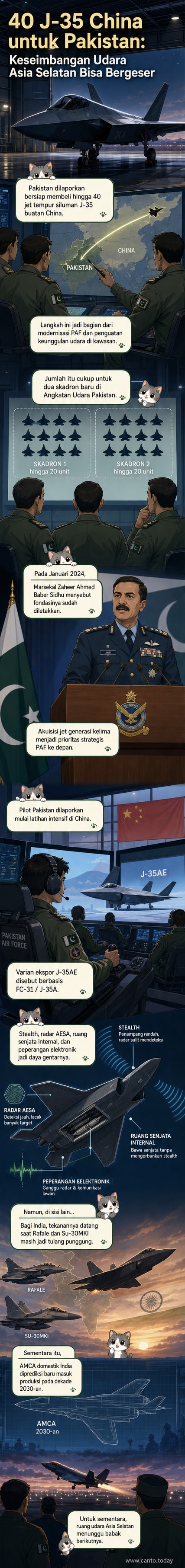 Ilustrasi jet tempur siluman Shenyang J-35 terbang di atas pangkalan militer Pakistan, dengan latar belakang pegunungan dan bendera Pakistan serta China berkibar.