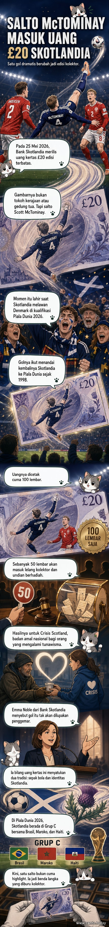 Uang kertas 20 poundsterling edisi terbatas Skotlandia dengan gambar Scott McTominay sedang melakukan salto di lapangan.