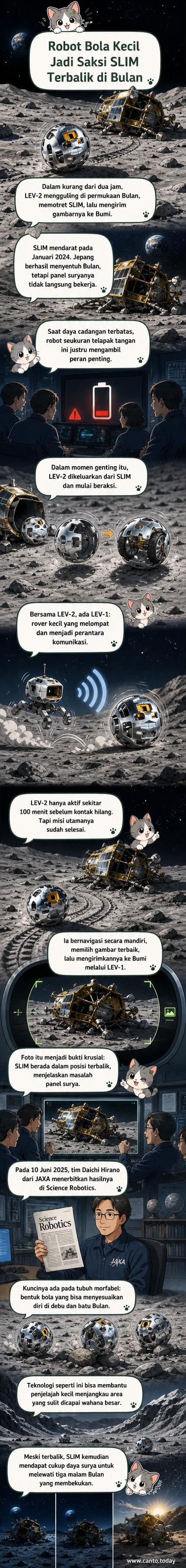 Ilustrasi robot bola kecil menggulung di permukaan bulan, mengambil foto wahana antariksa yang mendarat terbalik, dengan latar belakang bumi dan kegelapan luar angkasa.