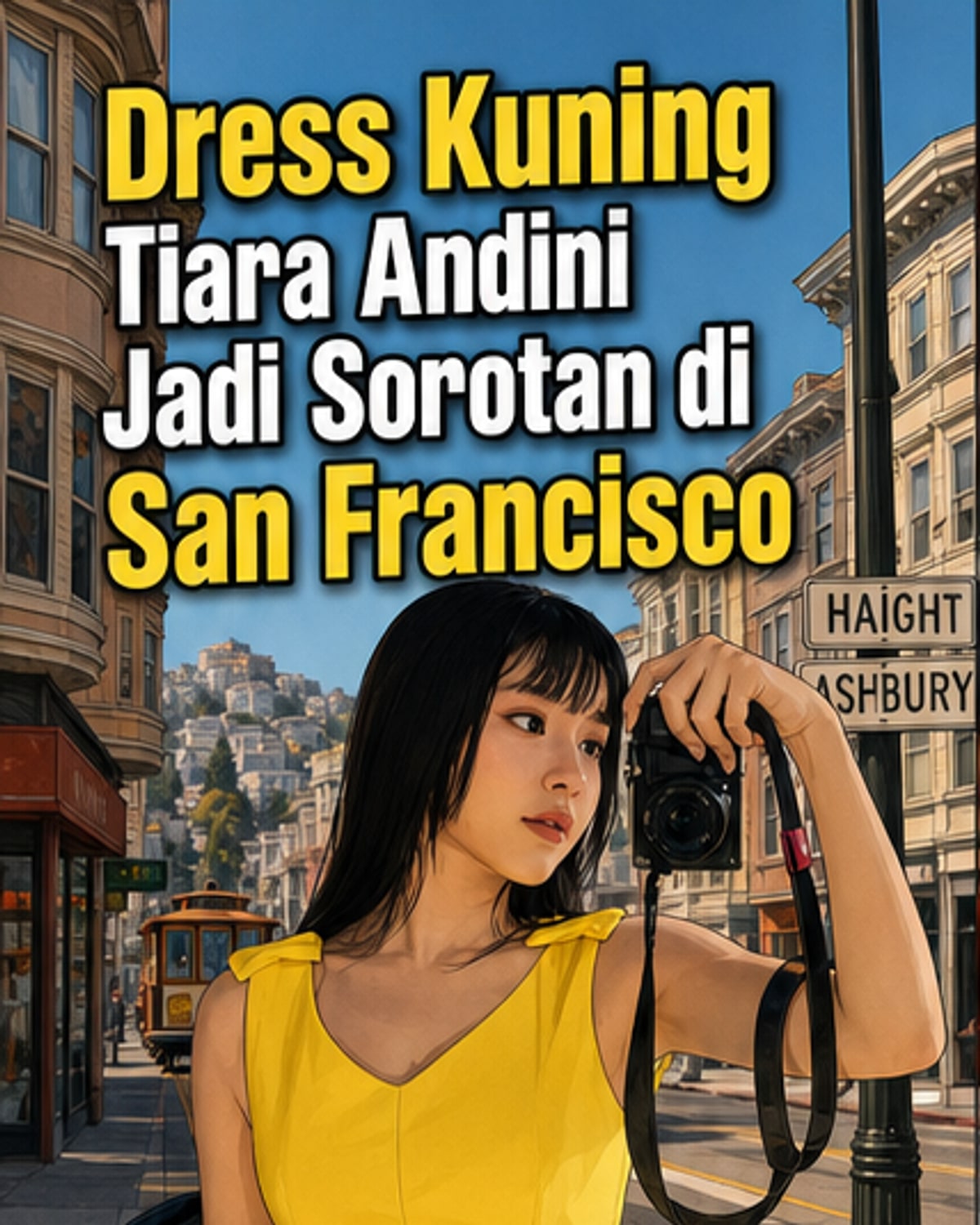 Tiara Andini berdiri di trotoar San Francisco mengenakan dress kuning cerah, dengan latar belakang bangunan klasik dan toko retro.