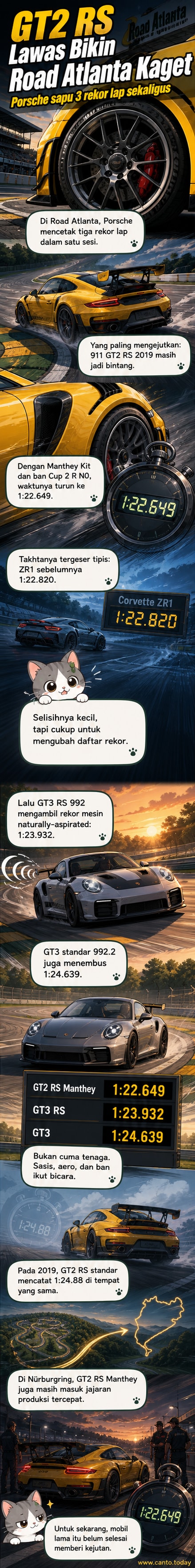 Ilustrasi Porsche 911 GT2 RS melaju kencang di lintasan Road Atlanta dengan latar belakang pepohonan khas Georgia, Amerika Serikat.