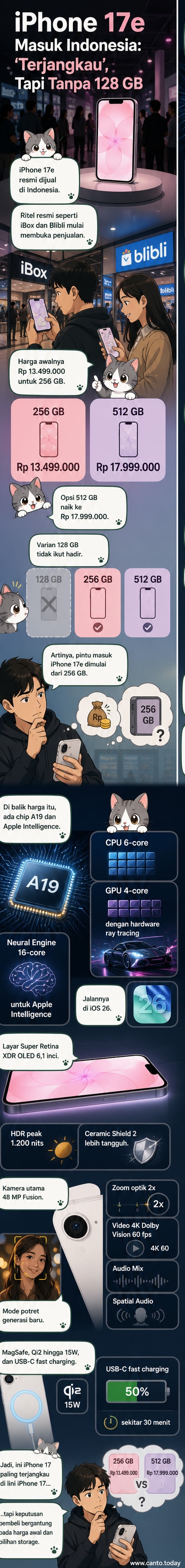 Ilustrasi peluncuran iPhone 17e di toko Apple dengan tampilan depan perangkat dan aksesori pendukung seperti casing MagSafe dan kabel USB-C.