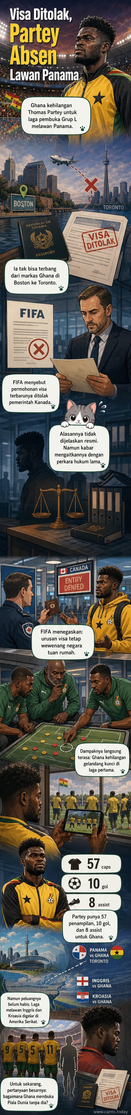 Ilustrasi gelandang Ghana Thomas Partey berdiri sendiri di luar stadion, dengan latar belakang bendera Kanada dan aksen penolakan visa.
