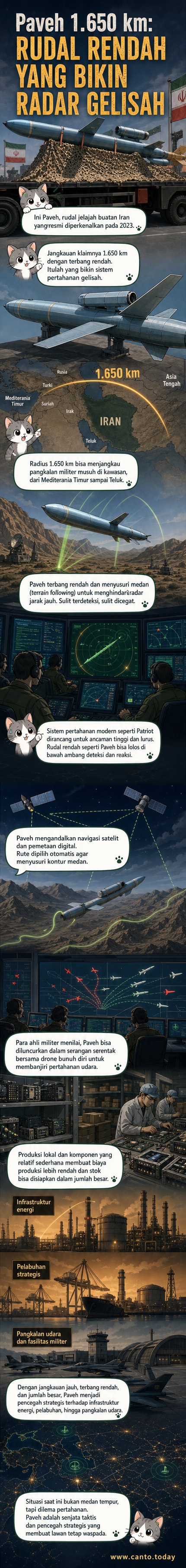 Ilustrasi rudal jelajah Paveh buatan Iran terbang rendah di atas gurun, dengan siluet pangkalan militer di kejauhan dan simbol radar yang gagal mendeteksinya.
