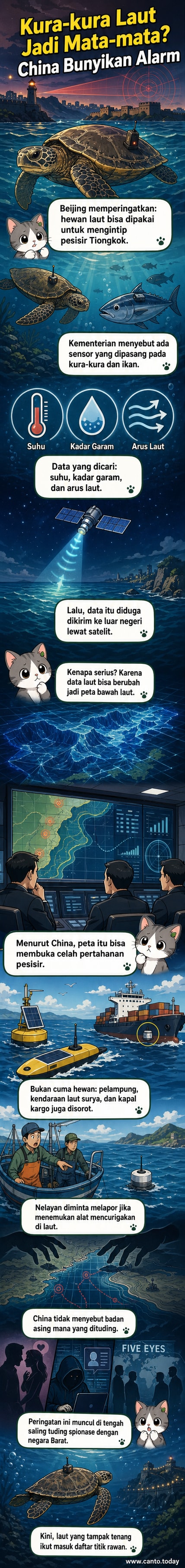Ilustrasi kura-kura laut dengan sensor menempel, berenang di bawah laut dengan latar kapal intelijen dan satelit di atas permukaan.