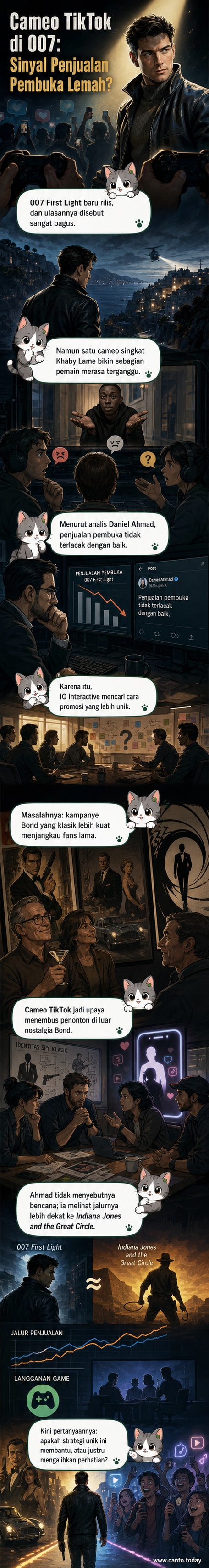 Ilustrasi adegan dalam game 007 First Light dengan latar belakang aksi, disertai potret Khaby Lame dalam kostum ringan di sisi bawah layar.