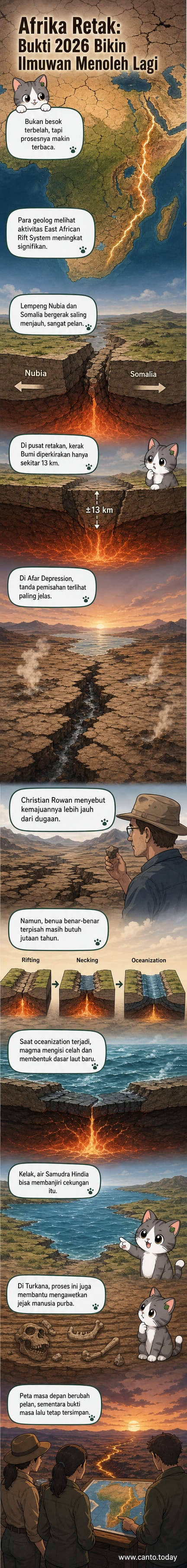 Ilustrasi benua Afrika yang terbelah oleh retakan besar, dengan magma muncul dari dalam bumi dan air laut mulai memasuki cekungan baru.