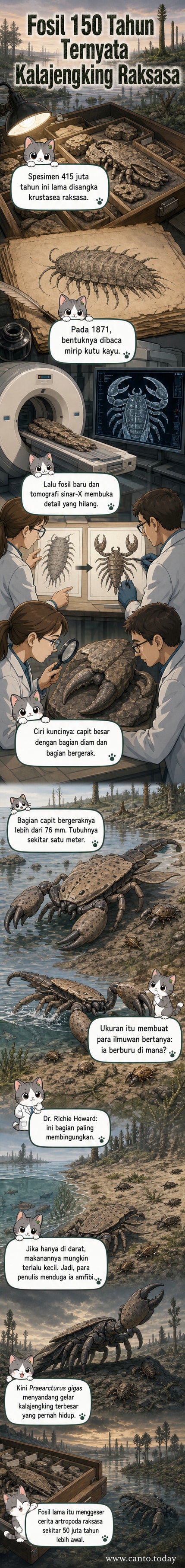 Ilustrasi digital kalajengking raksasa Praearcturus gigas berdiri di tepi perairan purba dengan capit besar terangkat, latar belakang hutan Devonian dan langit suram.