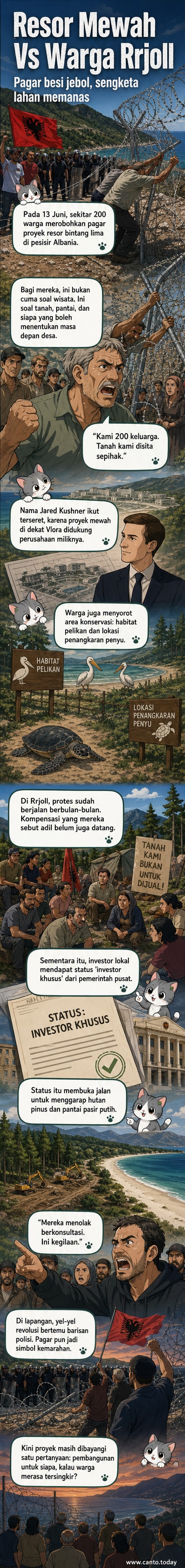 Kerumunan warga Albania merobohkan pagar besi dan kawat berduri di lokasi proyek resor mewah di pesisir Vlora, dengan latar belakang polisi dan bendera Albania