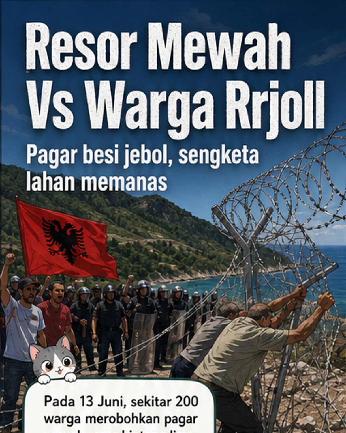Kerumunan warga Albania merobohkan pagar besi dan kawat berduri di lokasi proyek resor mewah di pesisir Vlora, dengan latar belakang polisi dan bendera Albania