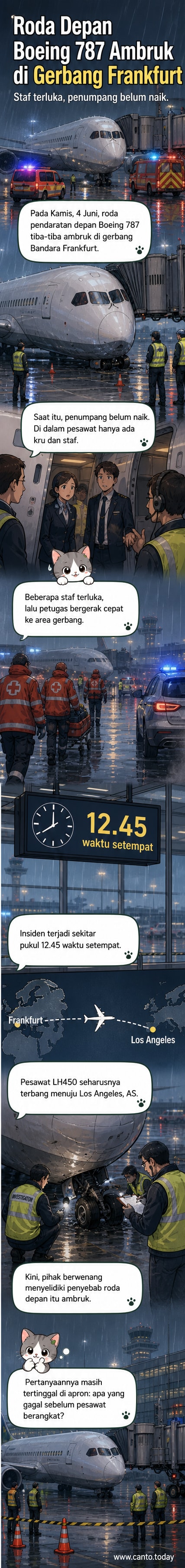 Ilustrasi pesawat Boeing 787 miring di landasan Bandara Frankfurt setelah roda depan ambruk, dengan petugas darat bergegas mendekat.