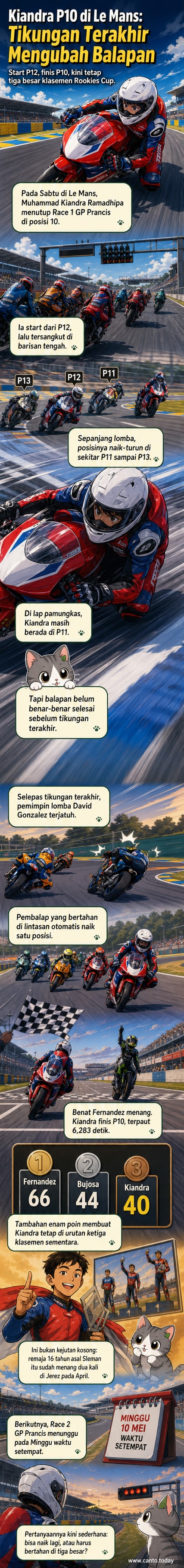 Ilustrasi pembalap muda Indonesia, Kiandra Ramadhipa, mengenakan helm merah dan biru, melaju di sirkuit Le Mans dengan latar belakang penonton dan bendera start.