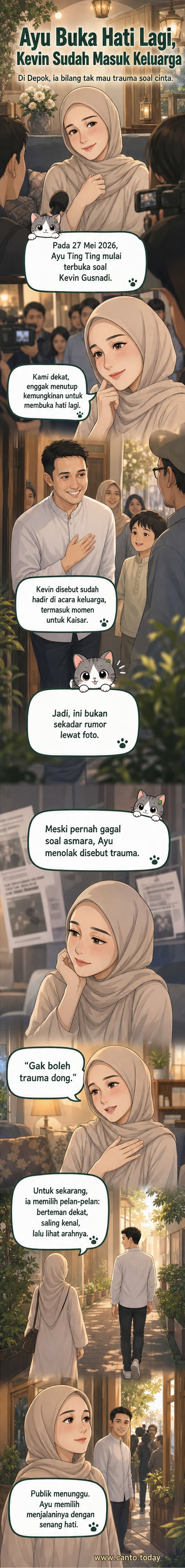 Ilustrasi Ayu Ting Ting tersenyum sambil berdiri di samping pria muda, dengan latar suasana hangat acara keluarga di rumah.