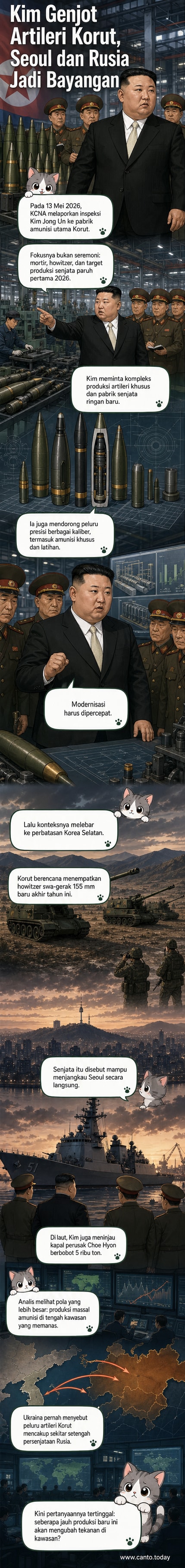 Ilustrasi Kim Jong Un berdiri di depan pabrik amunisi dengan latar belakang meriam dan peluru, simbol perluasan produksi artileri Korut.