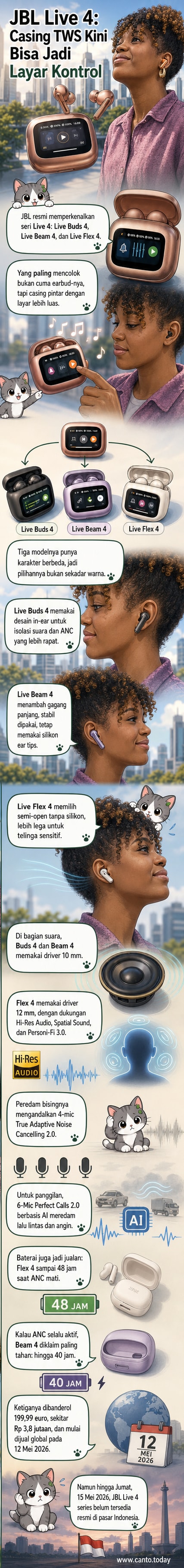Ilustrasi tiga model earphone JBL Live 4 dengan casing berlayar, menunjukkan desain in-ear, stem, dan semi-open dalam tampilan teknologi modern.