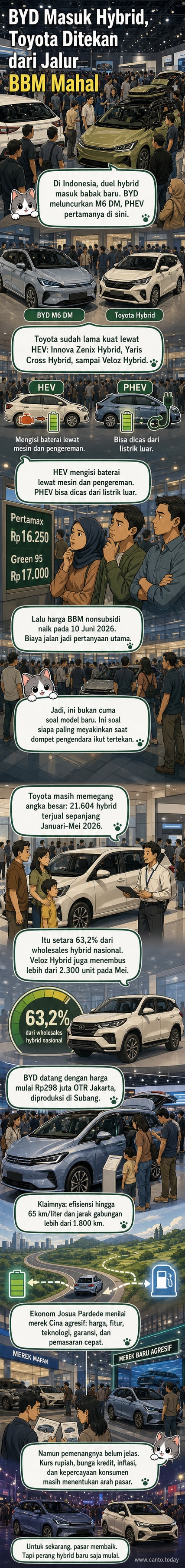 Ilustrasi dua mobil, BYD M6 DM dan Toyota Veloz Hybrid, berdampingan di jalan kota, dengan latar belakang pom bensin dan stasiun pengisian listrik, menunjukkan persaingan teknologi mobil hibrida di Indonesia.