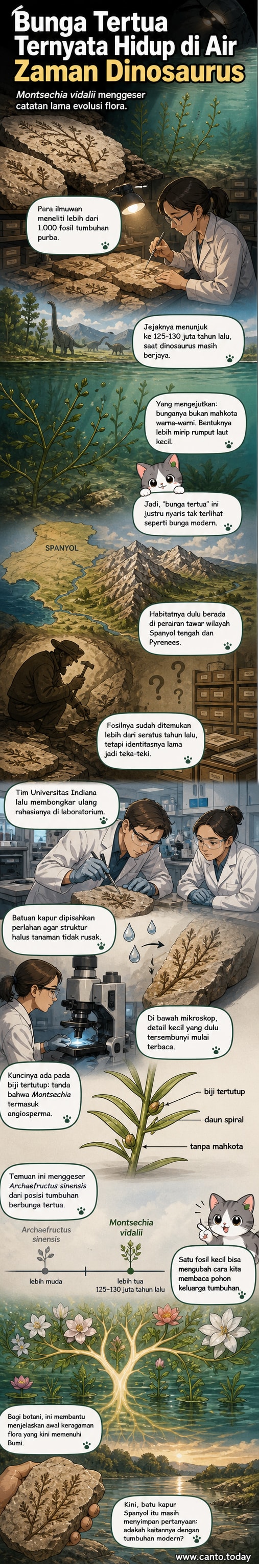Ilustrasi digital Montsechia vidalii, tumbuhan air purba berbentuk seperti rumput laut dengan struktur bunga kecil yang tumbuh di bawah air, latar zaman Kapur dengan dinosaurus di kejauhan.