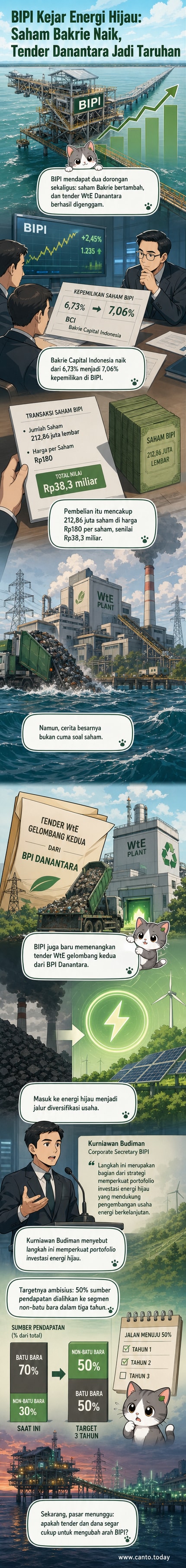 Ilustrasi panel webtoon menunjukkan dua tokoh bisnis berjabat tangan di depan proyek pengolahan sampah menjadi listrik, dengan latar belakang pabrik hijau dan simbol energi terbarukan.