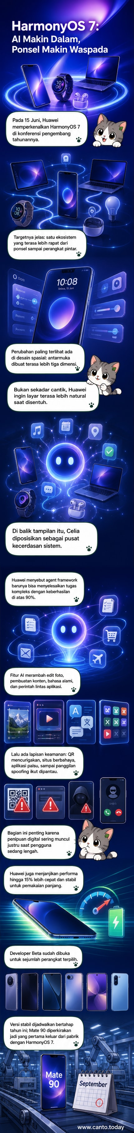 Ilustrasi antarmuka HarmonyOS 7 dengan elemen 3D mengambang, ikon bergerak dinamis, dan asisten AI yang muncul di layar smartphone Huawei.