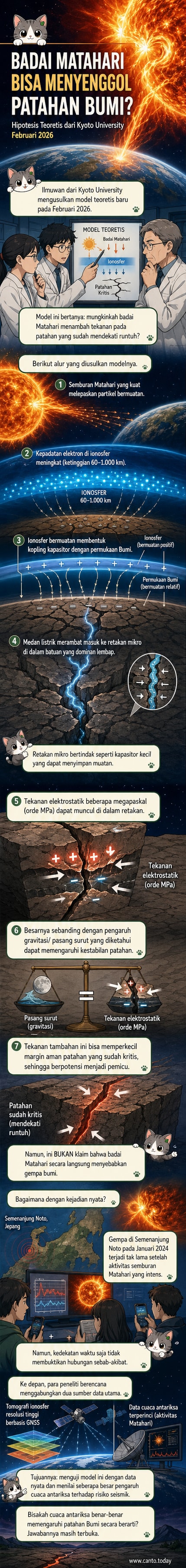Ilustrasi alam semesta dengan Matahari aktif di satu sisi dan Bumi dengan lapisan ionosfer dan patahan kerak yang saling terhubung secara elektromagnetik.