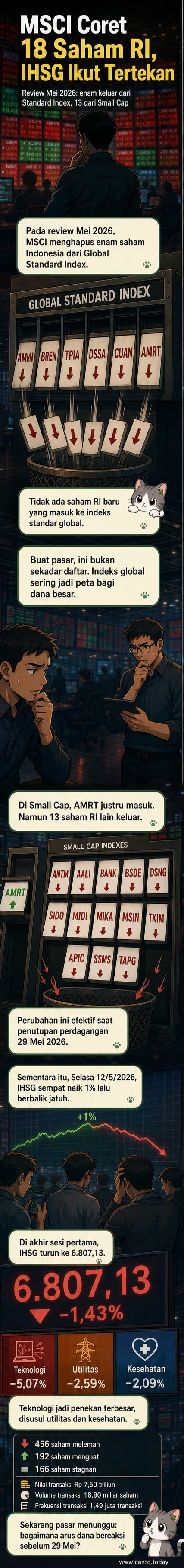 Ilustrasi grafik saham turun dengan daftar 18 perusahaan Indonesia yang dicoret dari indeks MSCI, termasuk logo beberapa emiten seperti ANTM, AMRT, dan BSDE.