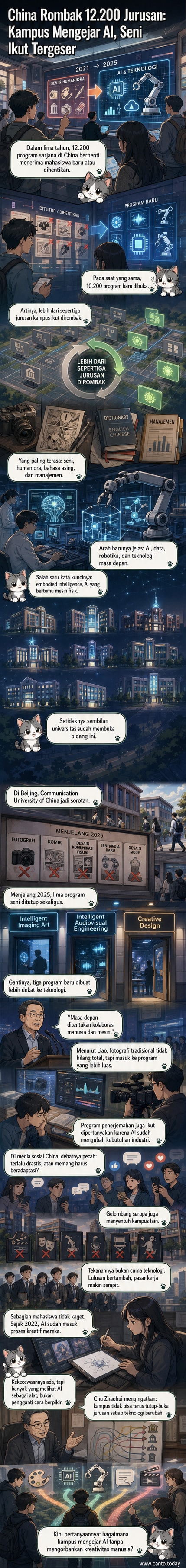 Ilustrasi mahasiswa menggunakan perangkat digital dengan latar belakang simbol AI dan robot, menggambarkan pergeseran dari jurusan tradisional ke bidang teknologi masa depan di perguruan tinggi China.