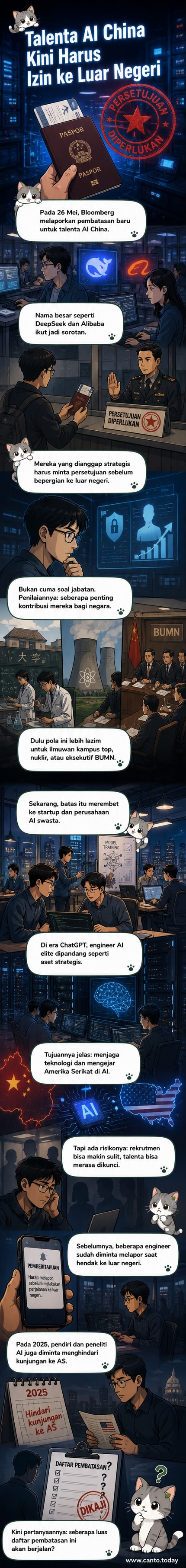 Ilustrasi panel webtoon menunjukkan seorang peneliti AI di China diblokir dari perjalanan internasional oleh otoritas pemerintah, dengan latar belakang gedung pencakar langit teknologi dan stempel 'izin diperlukan'.