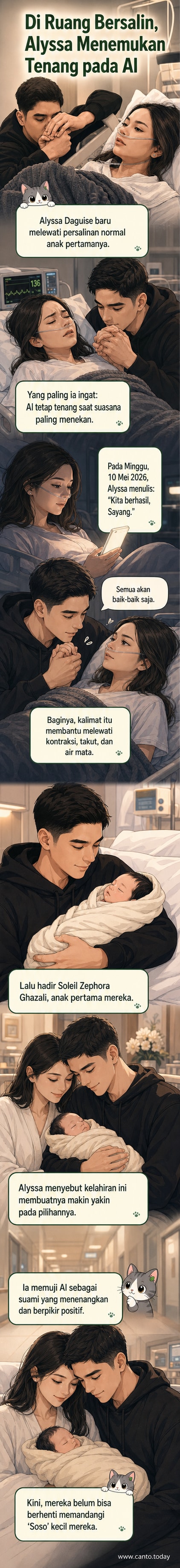Al Ghazali dan Alyssa Daguise tersenyum bahagia di samping bayi mereka yang baru lahir, dengan tangan Al memegang erat tangan Alyssa di rumah sakit.
