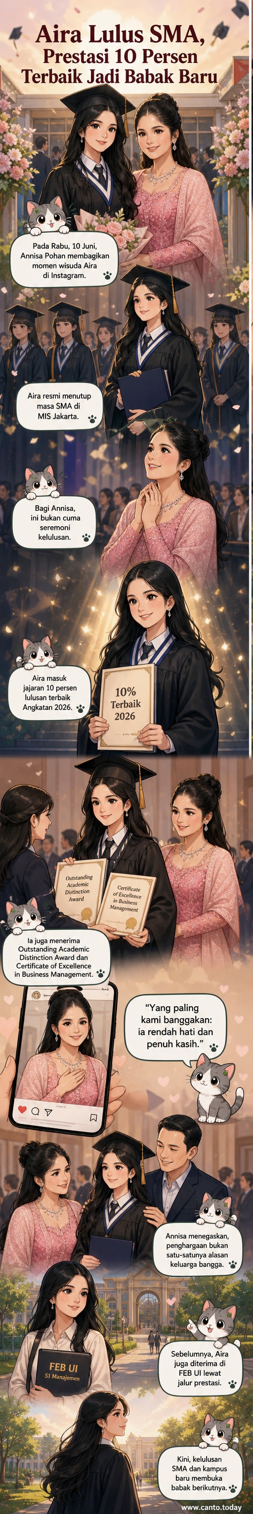 Annisa Pohan membagikan momen wisuda putrinya, Almira Yudhoyono, yang lulus SMA dengan predikat 10 persen siswa terbaik dan meraih penghargaan akademik.