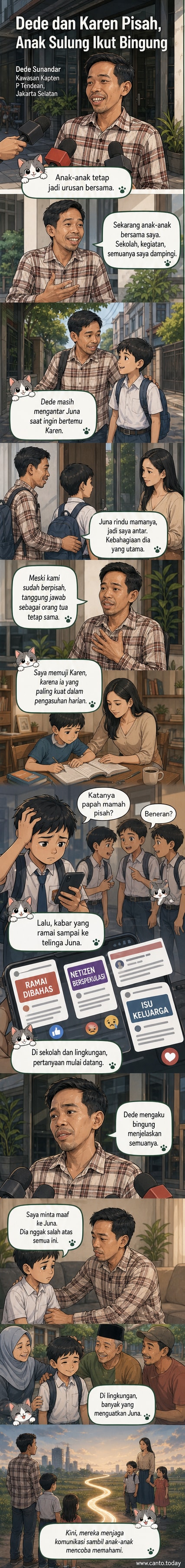 Ilustrasi Dede Sunandar dan Karen Hertatum berpisah, dengan anak mereka di tengah, menatap layar ponsel yang menunjukkan pemberitaan.