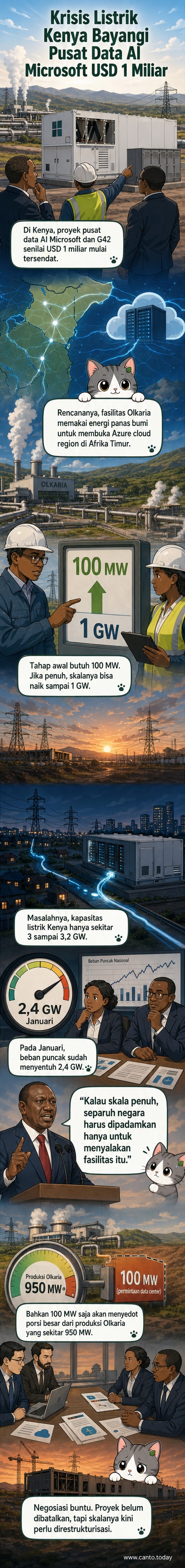 Ilustrasi data center Microsoft dengan latar belakang padang gersang dan turbin panas bumi, menunjukkan ketegangan antara teknologi tinggi dan keterbatasan infrastruktur lokal.