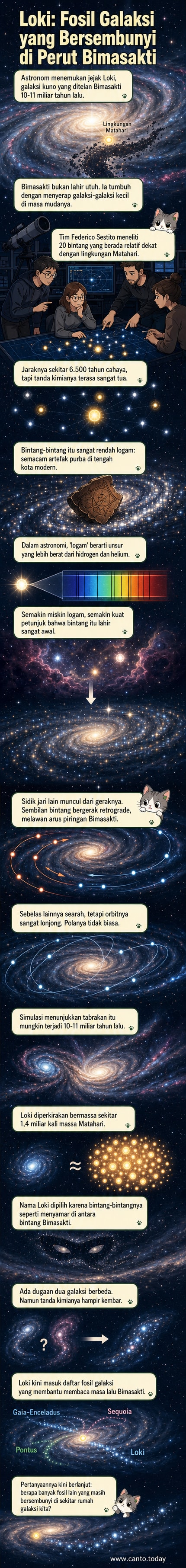 Ilustrasi galaksi spiral Bimasakti menyerap galaksi kerdil Loki, dengan bintang-bintang rendah logam tersebar di dekat wilayah Tata Surya.