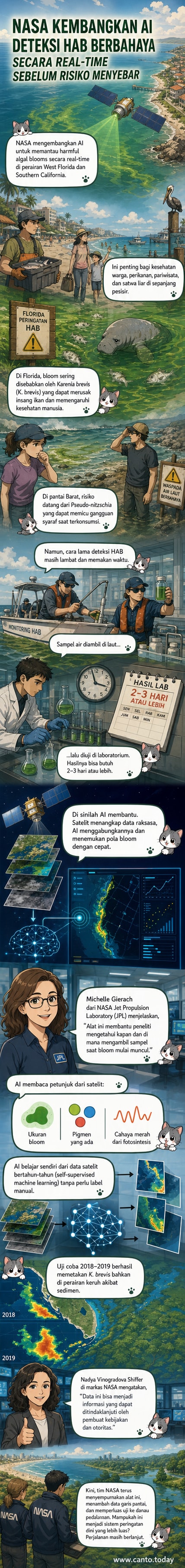 Ilustrasi satelit NASA yang memantau perairan pesisir dengan panah menunjukkan area ledakan alga berbahaya, dengan ikon AI dan data mengalir ke pusat pengendali.