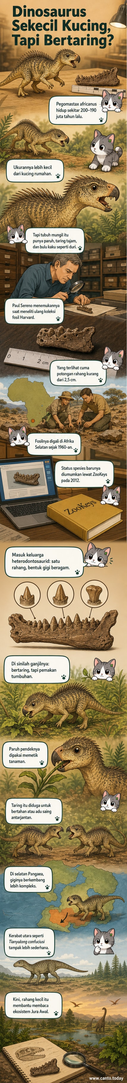 Ilustrasi dinosaurus kecil berbulu kaku dengan taring tajam dan paruh seperti burung beo, berjalan di hutan purba.