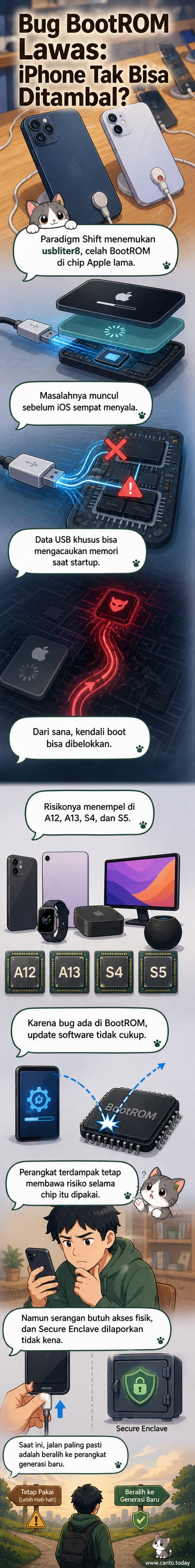 Ilustrasi sirkuit logam dengan celah merah di bagian bawah, menandai kerentanan di chip perangkat Apple lawas seperti iPhone dan iPad.
