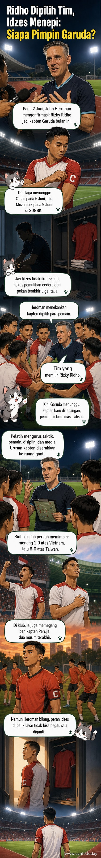 Rizky Ridho mengenakan ban kapten di lapangan rumput dengan seragam timnas Indonesia, disorot lampu stadion malam hari.