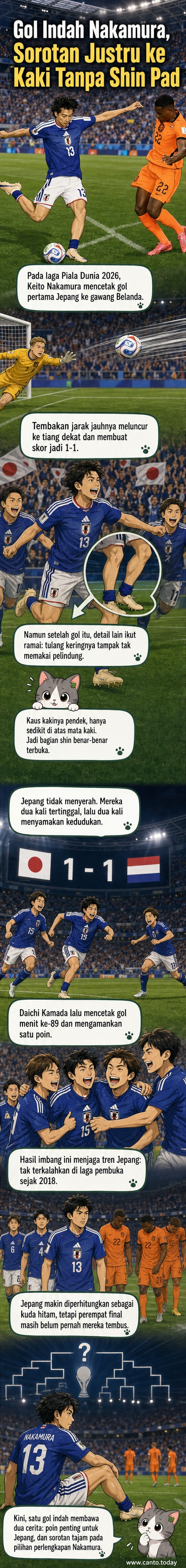 Pemain Jepang Keito Nakamura merayakan gol ke gawang Belanda di Piala Dunia 2026, dengan kaki bagian bawah tanpa pelindung.