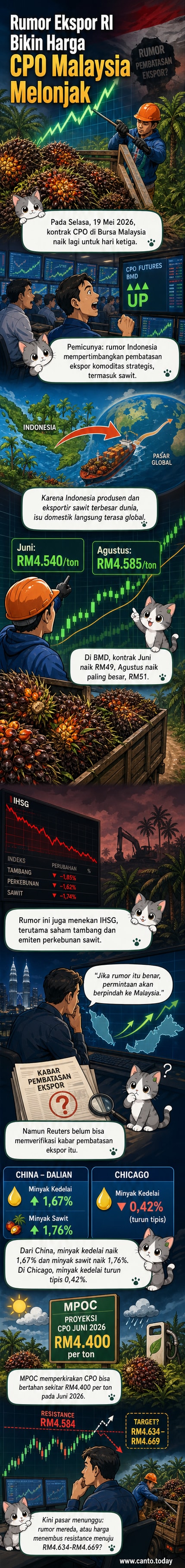 Grafik kenaikan harga kontrak CPO di Bursa Malaysia dengan latar belakang pohon kelapa sawit dan simbol pasar saham