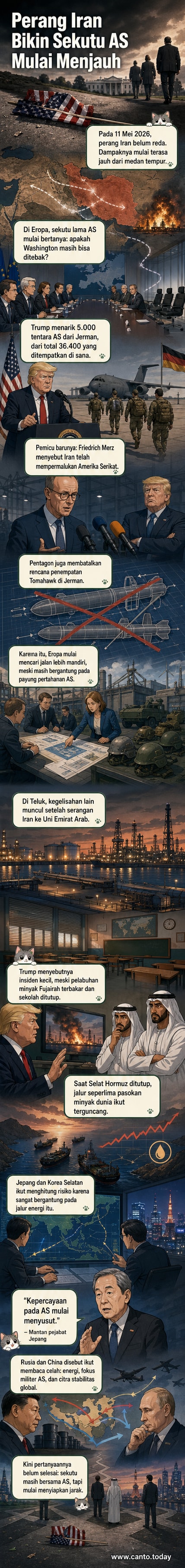 Ilustrasi peta dunia dengan ikatan aliansi yang retak antara AS dan sekutu Eropa, Timur Tengah, serta Asia akibat perang Iran dan kebijakan Trump.