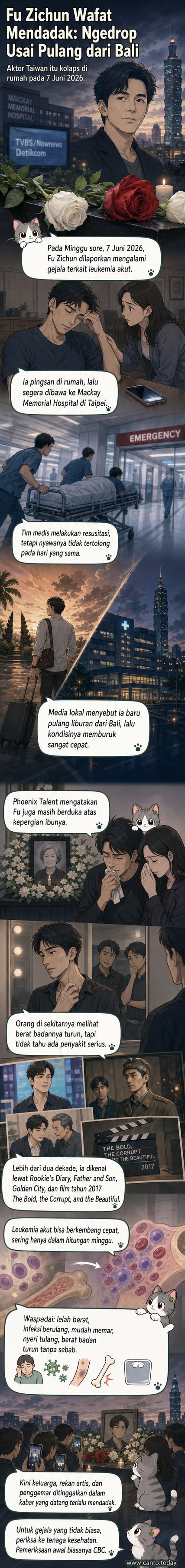 Ilustrasi aktor Fu Zichun dengan latar belakang Bali dan rumah sakit di Taipei, menggambarkan perjalanan terakhirnya sebelum meninggal mendadak akibat leukemia akut.