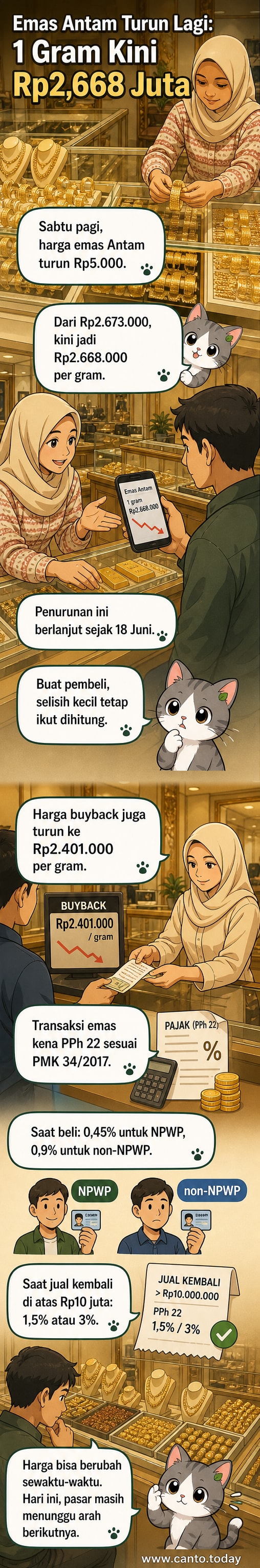 Ilustrasi batangan emas dengan latar grafik penurunan harga dan simbol rupiah, menunjukkan harga terbaru Rp2,668 juta per gram.
