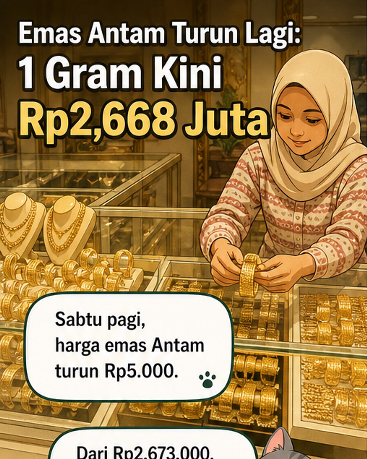 Ilustrasi batangan emas dengan latar grafik penurunan harga dan simbol rupiah, menunjukkan harga terbaru Rp2,668 juta per gram.