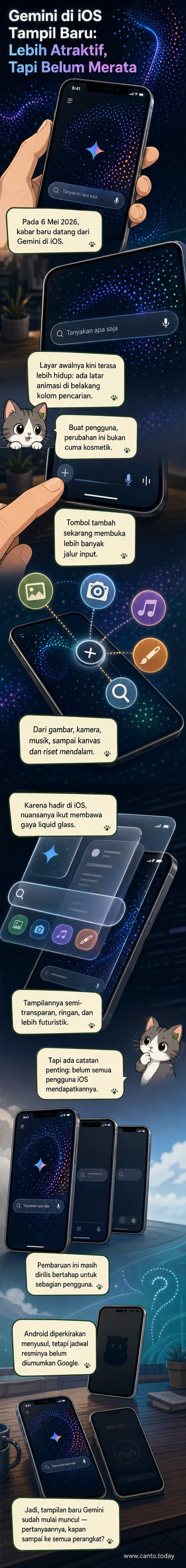 Ilustrasi antarmuka aplikasi Google Gemini di layar iPhone dengan latar belakang animasi dan tombol tambah yang menampilkan berbagai opsi pencarian.
