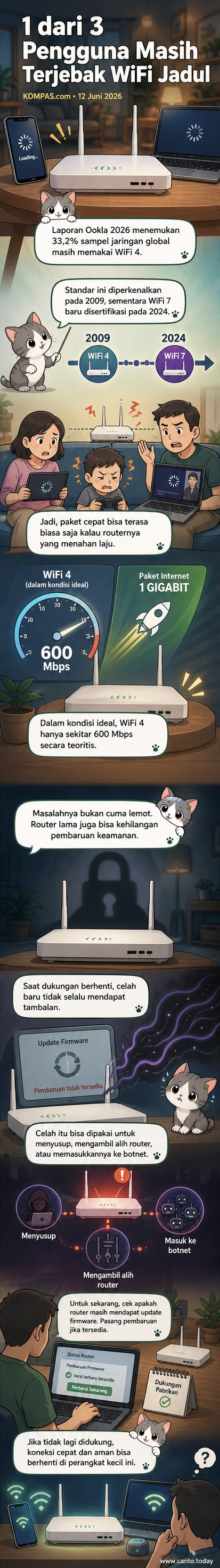 Ilustrasi router WiFi lama di rumah dengan sinyal lemah, di tengah penggunaan internet modern yang intensif