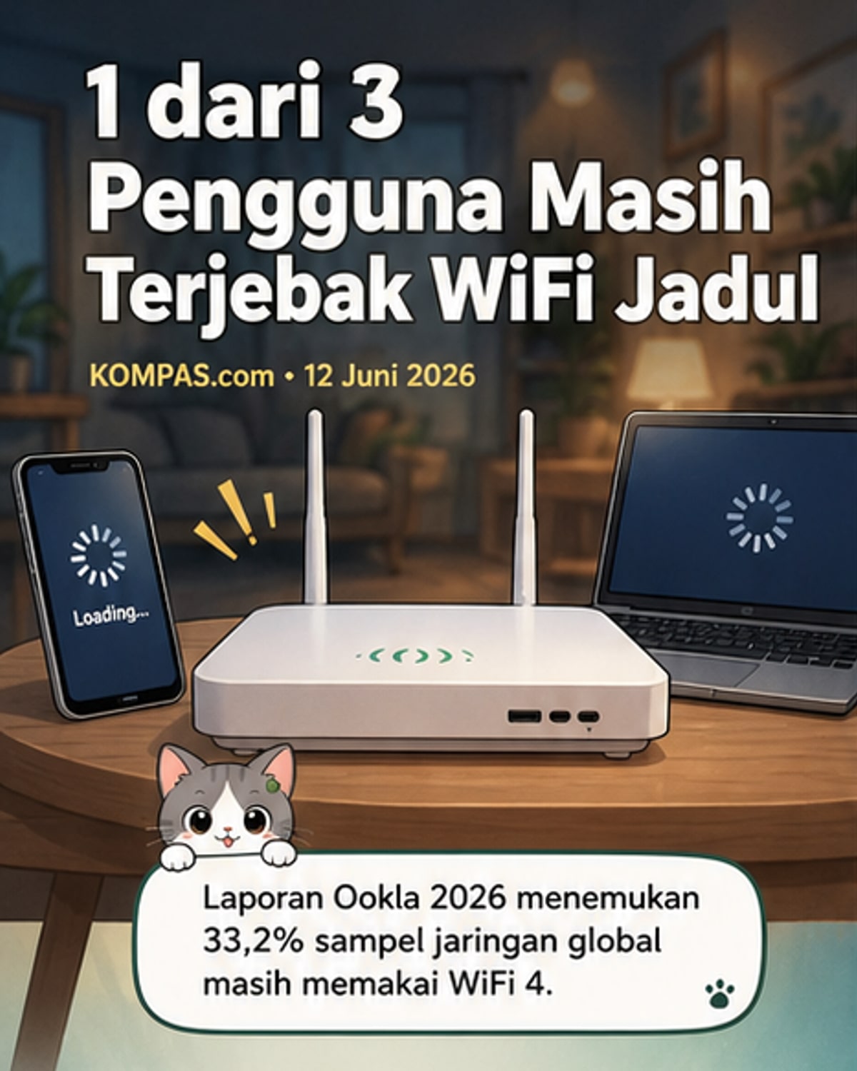 Ilustrasi router WiFi lama di rumah dengan sinyal lemah, di tengah penggunaan internet modern yang intensif