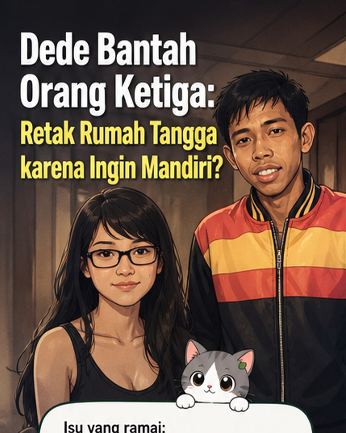 Ilustrasi pasangan berdiri terpisah dengan latar rumah dan simbol keluarga, menggambarkan ketegangan rumah tangga Dede Sunandar dan Karen Hertatum.