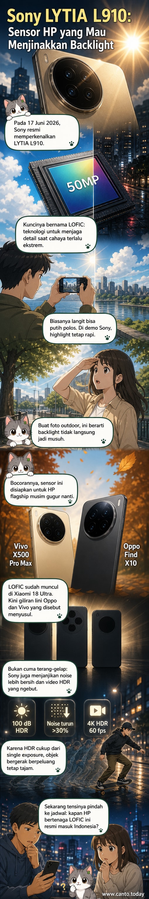Ilustrasi sensor kamera Sony LYTIA L910 dengan teknologi LOFIC yang menangkap cahaya terang dan gelap dalam satu frame, menunjukkan perbedaan hasil dengan sensor konvensional.