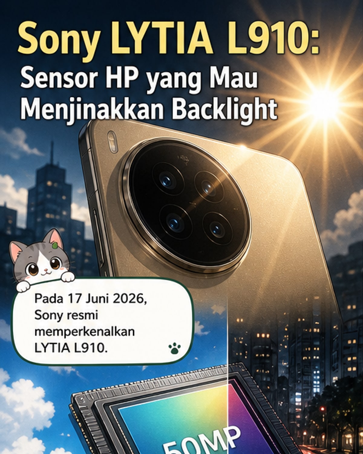 Ilustrasi sensor kamera Sony LYTIA L910 dengan teknologi LOFIC yang menangkap cahaya terang dan gelap dalam satu frame, menunjukkan perbedaan hasil dengan sensor konvensional.