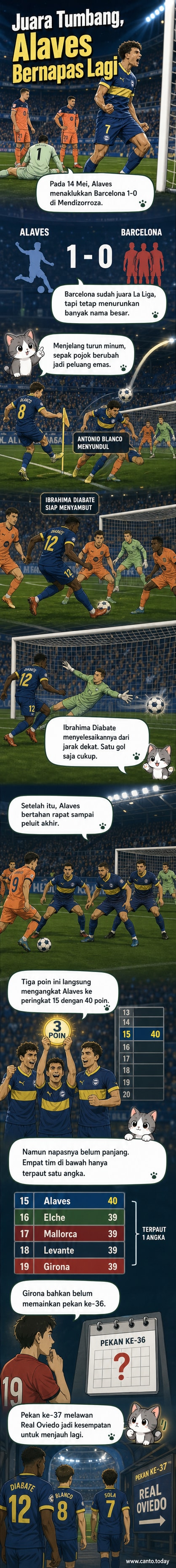Ilustrasi pertandingan sepak bola antara Alavés vs Barcelona di Estadio Mendizorroza, dengan pemain Alavés merayakan gol kemenangan.